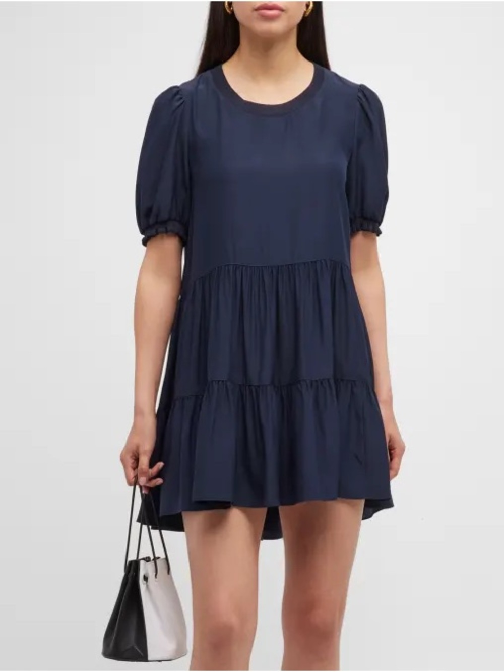 CINQ A SEPT EMALINA NAVY BLUE SILK CREWNECK TIERED SHORT SLEEVE DRESS - Picture 8 of 9